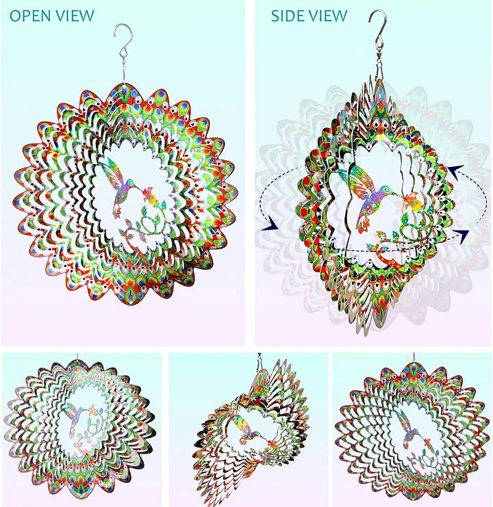 Colorful Hummingbird 3D Wind Spinner, 12 inch