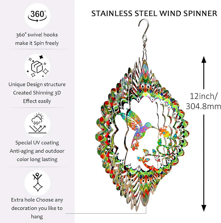 Colorful Hummingbird 3D Wind Spinner, 12 inch