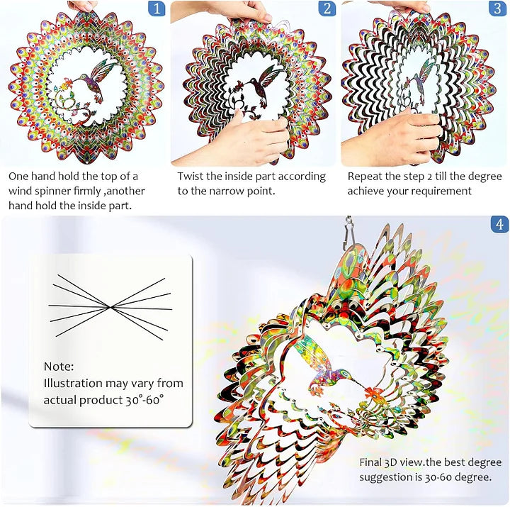 Colorful Hummingbird 3D Wind Spinner, 12 inch